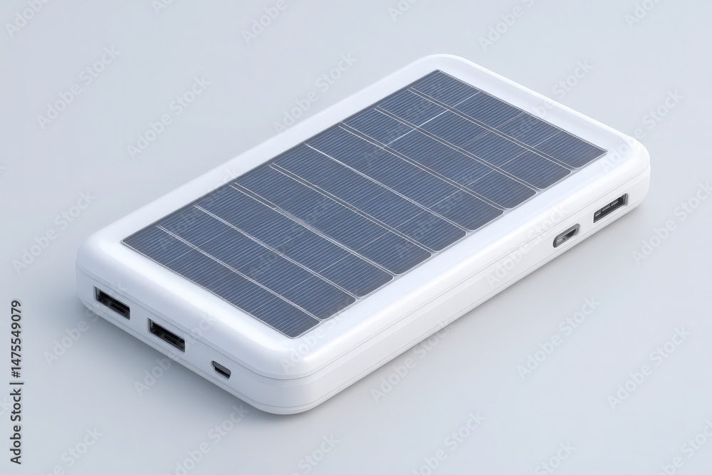 This device features a sleek design with a solar panel on top, allowing it to harness solar energy. Equipped with multiple USB ports, it is ideal for charging devices during outdoor activities.