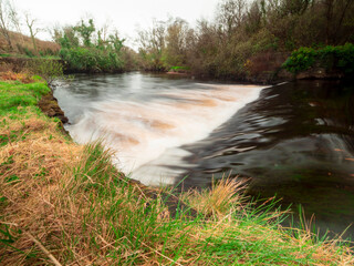 Wall Mural - small river with water flow. trees and bushes growing on the river banks. calm and relaxing nature s