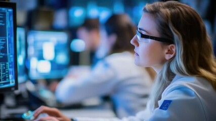 Poster - a woman wearing glasses types away on her computer