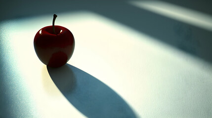 Wall Mural - Red apple sits on a white surface, illuminated by window light, minimal background, healthy food concept