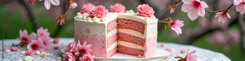 Elegant four-layer pink cake with white frosting and cherry blossom decoration