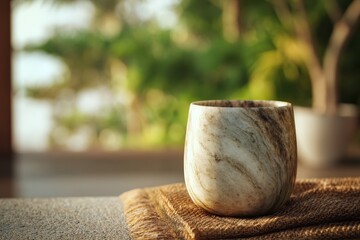 Poster - Elegant, light-brown, stone mug on a linen cloth.