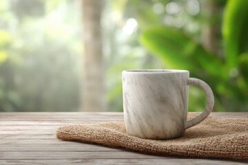 Poster - Elegant marble mug resting on a burlap cloth.