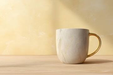 Poster - Creamy, marbled mug with gold handle on light wood surface.