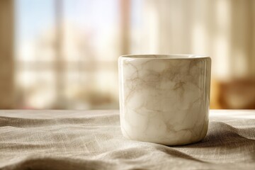 Poster - Elegant light-gray ceramic mug on a linen tablecloth.