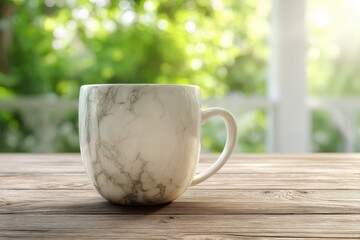 Poster - Elegant marble-patterned mug on wooden table outdoors.