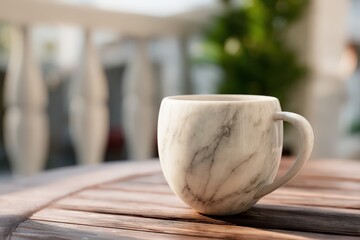 Poster - Stylish marble-patterned mug on a wooden table.