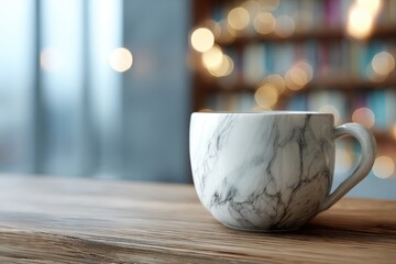 Fototapete - Marble-patterned coffee cup on wooden surface.