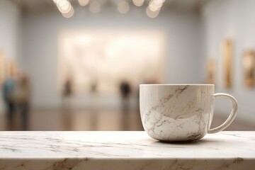 Poster - Cream-colored mug on marble countertop in a museum.