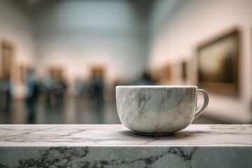 Poster - Elegant porcelain cup resting on marble ledge in museum.