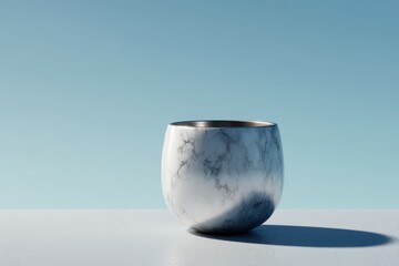 Poster - Empty, marble-patterned, round, metallic,  vessel,  against, a, light,  blue, backdrop.