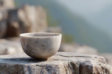Poster - Elegant, light-colored bowl resting on a rocky outcrop.