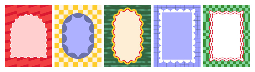 Aufkleber - Wavy Border Frames. Scallop Edge Vector Frames. Wave Rectangle Boxes with Retro Patterns. Squiggle Line Background Design.