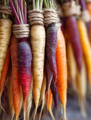 Poster - Colorful Carrots Tied With Twine Create an Artistic Display in a Rustic Kitchen Setting During a Vibrant Farmers Market