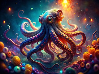 Wall Mural - abstract glowing octopus with bokeh lights - surreal underwater scene