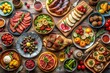 © Four888 - Abundant Feast: A Delicious Spread of Meat, Fruit, and Desserts
