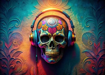 Wall Mural - aerial drone shot: skull with headphones, decorative art wallpaper design