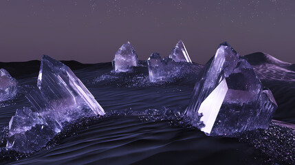 Wall Mural - Black sand dunes shimmer with selenite and quartz fragments under dim twilight in a desolate landscape. [Crystalline Wastelands] | Pale Fractscape | dim terrain. Illustration