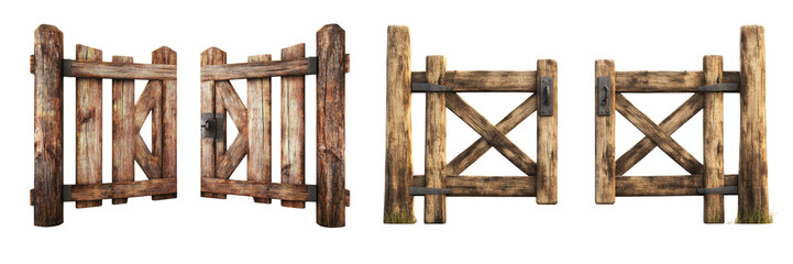 Old Wooden Gate Collection Rustic Farm Entrance Design isolated on transparent png