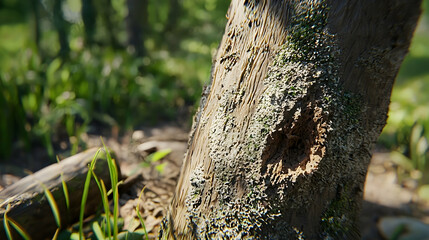 Close-up of decaying tree trunk, forest background, sunlight, nature texture