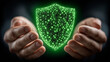 © Kingdola - Digital Security's Embrace: A pair of hands cradles a glowing shield, symbolizing digital security and data protection in a modern, technologically driven world.