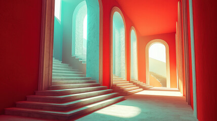 Wall Mural - whical architecture presents colorful geometric shapes in a dreamlike hallway, with floating arches 