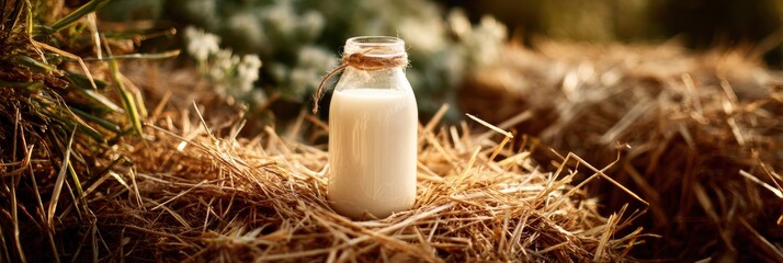 Aufkleber - Fresh Goat Milk in a Glass Bottle Resting on Straw With Soft Light Cast Across the Scene