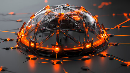 Wall Mural - Futuristic 3d technology platform in orange and gray with mesh lines illustrating communication network design. [Cursed Menagerie] | Hollowgaze Dome | vacant eyes. Illustration