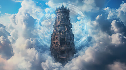 Wall Mural - Historic stone tower against a backdrop of blue sky and drifting clouds. [Gravity Shrines] | Orbital Relicscape | drifting monument. Illustration
