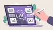 © BEST  - Ai Powered Content Creation Process Illustration On Laptop Screen With Stylus Pen Digital Hand Concept Demonstrating Intelligent Digital Workflow For Creative Designers