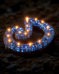Wall Mural - A glowing blue and orange abstract artistic curved object on terrain