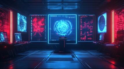 Sci-fi command center with screens displaying data in red and blue