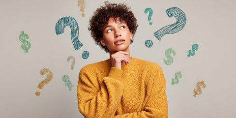 Aufkleber - Gen Z Financial Mindset Contemplative Young Professional Navigating Economic Uncertainty with Textured Comfort and Digital Age Problem-Solving Visualization