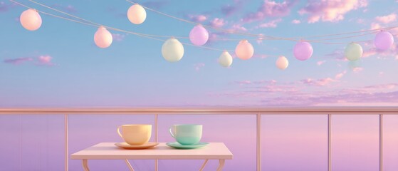 Aufkleber - Pastel Dreamscape Serene Summer Evening Aesthetic with Soft Paper Lanterns and Minimalist Balcony Design - Tranquil Lifestyle Content Creation
