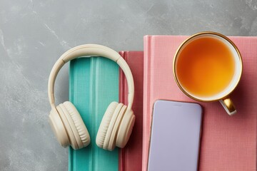 Aufkleber - Mindful Digital Wellness Soft Pastel Noise-Canceling Headphones with Herbal Tea - Minimalist Productivity and Self-Care Aesthetic for Modern Professionals