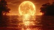 © atar - Glowing Orange Moon Reflecting On Ocean Water During Sunset Over Island Silhouette