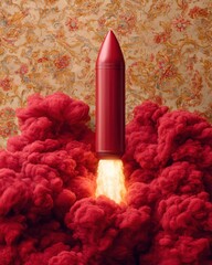 Poster - Cinematic Defense Tech Visualization High-Impact Missile Launch with Sculptural Crimson Smoke Dynamics - Advanced Strategic Projection Imagery