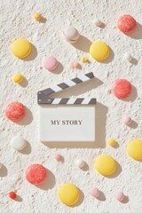 Leinwandbilder - Pastel Pop Narrative Cinematic Storytelling Concept with Playful Macarons and Minimalist Film Clapper - Creative Personal Branding Mockup