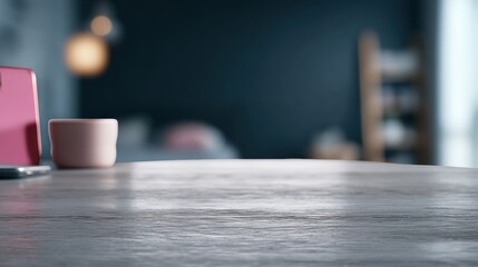 Fototapete - Minimalist Workspace Aesthetic Soft-Focus Wooden Table Surface with Muted Color Palette - Modern Productivity and Creative Content Staging
