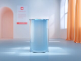 Poster - Minimalist Safety Podium Translucent Azure Cylinder in Futuristic Learning Space - Digital Safety Design for Next-Gen Educational Environments