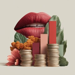 Fototapete - Bold Beauty Meets Financial Growth Surreal Investment Visualization with Sensual Lips, Stacked Coins, and Color-Gradient Market Analytics