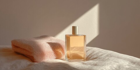 Aufkleber - Minimalist Self-Care Elegance Soft Golden Light Wellness Aesthetic with Luxury Perfume and Plush Towel - Modern Mindful Skincare Ritual