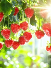 Poster - Fresh Strawberries Hanging in Sunlight Close Up View of Ripe Red Fruit Growing in Garden Patch on a Sunny Day