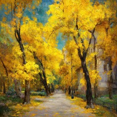 Poster - Golden autumn avenue oil painting style with yellow trees and path in perspective view of urban park