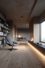 Poster - Modern Interior Design of Living Room with Fireplace and Bookshelf, Architectural Photography, Minimalist Style