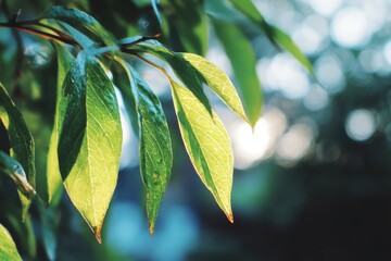 Poster - Sunlit Green Leaves Hanging in a Natural Setting Close Up View with Bokeh Background Lush Foliage and Bright Light