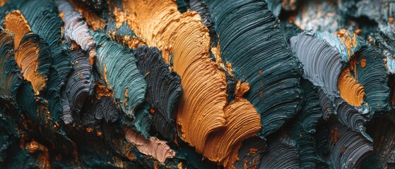 Poster - Abstract Oil Paint Texture Close Up Displaying Brushstrokes in Gold Teal and Gray Colors Studio Shot