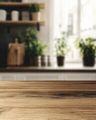 Aufkleber - Wooden table surface with blurred kitchen background showcasing plants and shelves in a bright interior scene