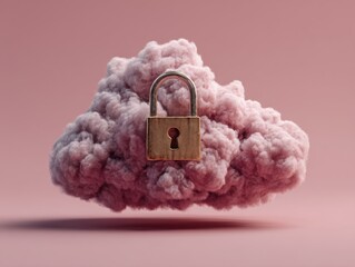 Fototapete - Cloud computing security concept showing golden padlock on pink cloud against pink background studio shot symbolizing data protection