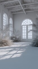 Fototapete - Minimalist interior with tropical plants and arched windows in an all-white color scheme, architectural design, studio shot